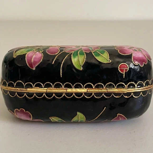 Cloisonné Purse Handbag Trinket Box Black Pink Flowers 3.5" - Picture 5 of 10